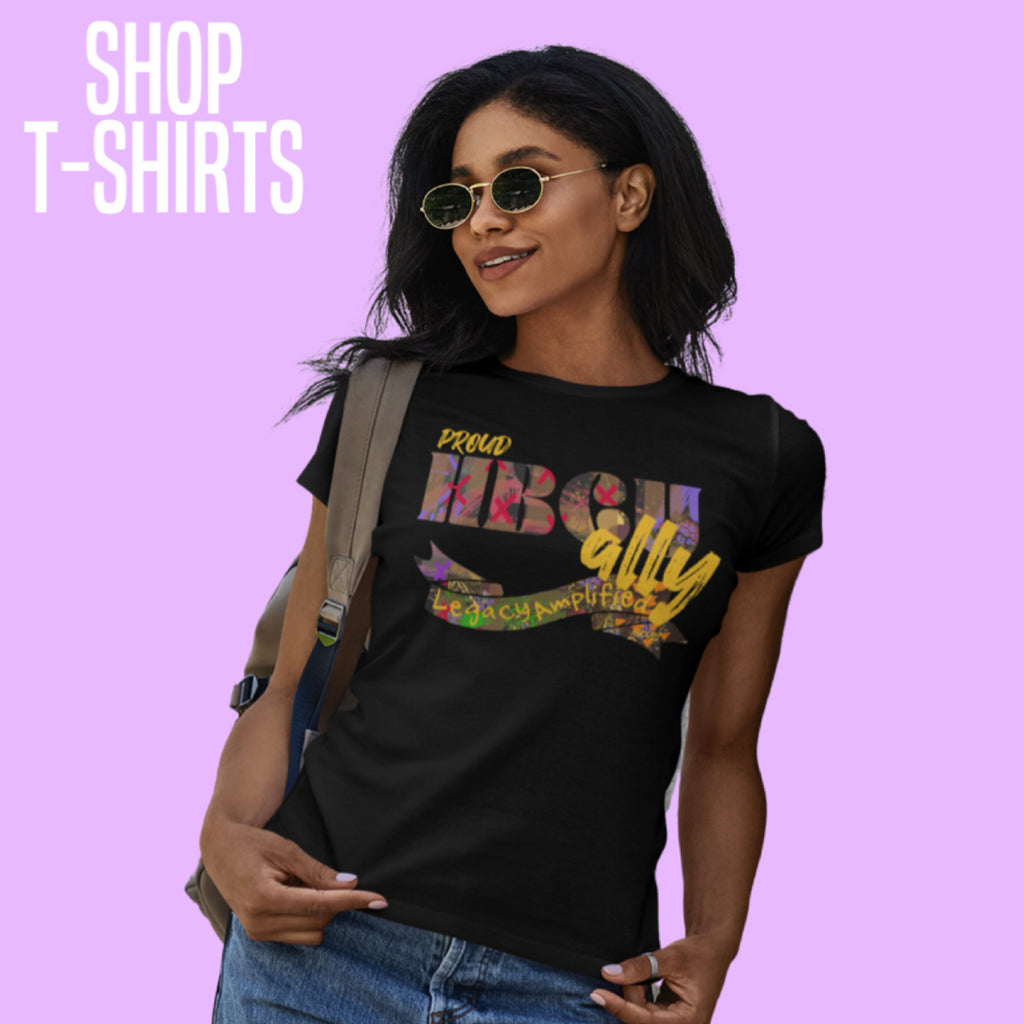 Young woman wearing HBCU Artwear "ally" T-shirt. Text reads "shop t-shirts"